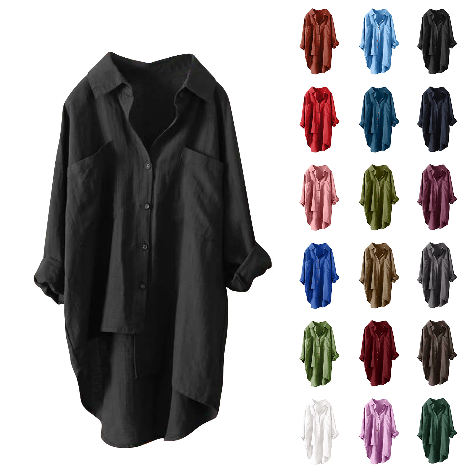 DDAPJ pyju Womens Button Down Shirts Linen Cotton Long Sleeve Blouse Tunic Tops Cover Up Shirt Loose Beach Bikini Dress Flash Sales Black XXXL